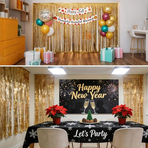 Image of 2 Pack 3.3x8.2 FT Gold Backdrop Birthday Decorations Foil Tinsel Curtain Gold Dooor Streamers Party Hanging Decorations Photo Booth Props for Birthday Graduation Bachelorette Christmas New Years Eve