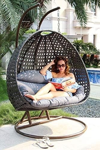 Image of OMANSH Double Seater Swing Chair with Stand & Cushion & Hook Outdoor || Indoor || Balcony || Garden || Living Room (Black-Grey)