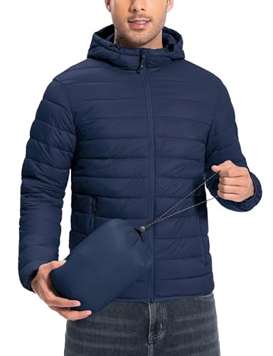Pioneer Camp Mens Down Jacket with Hood-Lightweight Packable Puffer Jacket, Warm Winter Coat Men, Foldable Travel and Outdoor Insulated Jacket（Navy;L