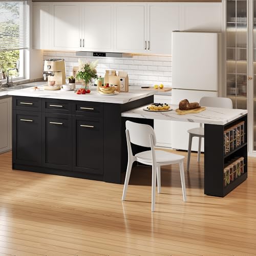 Wyibwy Isola cucina multifunzionale con tavolo da pranzo bianco estensibile (150 cm + 96 cm), isola cucina centrale con mobili contenitori integrati, piano di lavoro in legno effetto marmo(Nero)