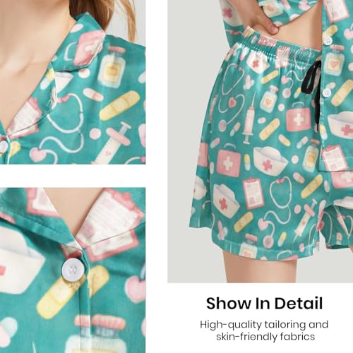 Image of Funny Pajamas for Women Set Print Satin Loungewear Pjs Short Sleeve Button Down Top and Shorts Sets Sleepwear XS-3XL
