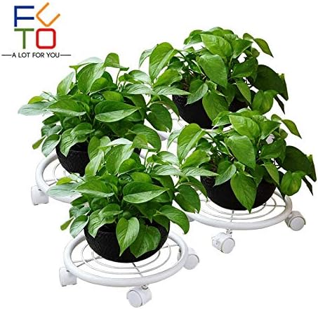 Zamtac 2 x Metal Plant Pot Trays Stand Iron Flower Holder Trolley Caddy On Wheels Plant Trays Rack Office Indoor Outdoor Home Garden - (Color: White)