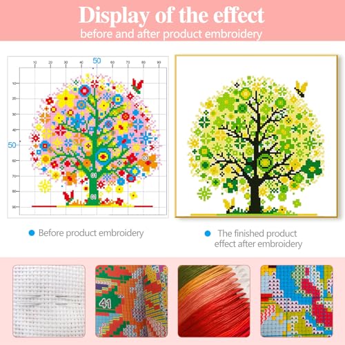 Image of Zhenqing Green Tree of Life Stamped Cross Stitch Kit, 11CT Printed Peace Tree with Bees Pattern, 11.8 x 11.8 Inch DIY Embroidery Kit