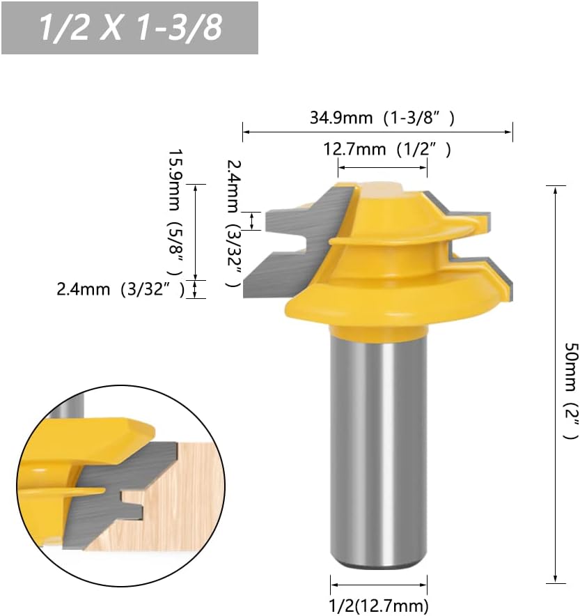 3pcs 12mm 1/2" Shank 45 Degree Lock Miter Bits Glue Joint Set 1/2" 3/4" 1"Stock Woodworking Cutters for Wood