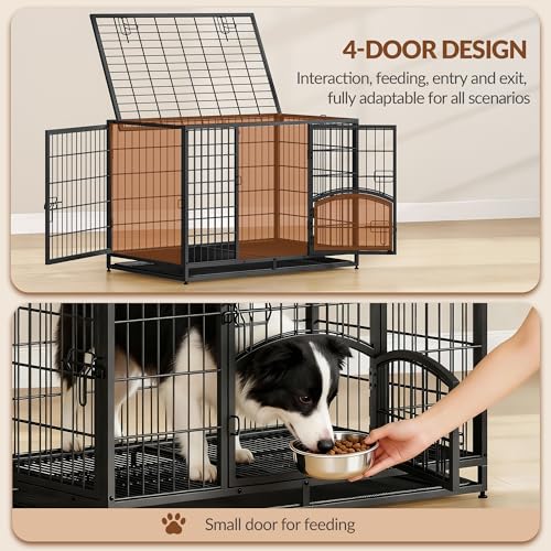 Fobyfurny Hundekäfig Hochbelastbar, XL Gitterbox für Zuhause, 4-Türiger Hundebox Metall mit Seitentür und Herausnehmbares Bodenschale, Leicht zu Reinigen, Haustierkäfig, Schwarz, 107 x 70 x 75 cm
