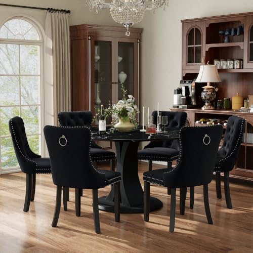 Image of 7-Piece Dining Table Set for 6 with 47 In Black Faux Marble Round Table