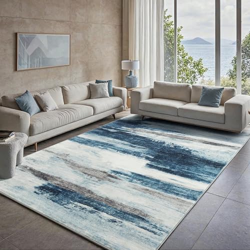 Carvapet 8x10 Blue Abstract Area Rug – Modern Large Washable 8 x 10 Low Pile Carpet with Rubber Backing, Foldable Non Slip Thin Rugs for Living Room, Bedroom, Dorm