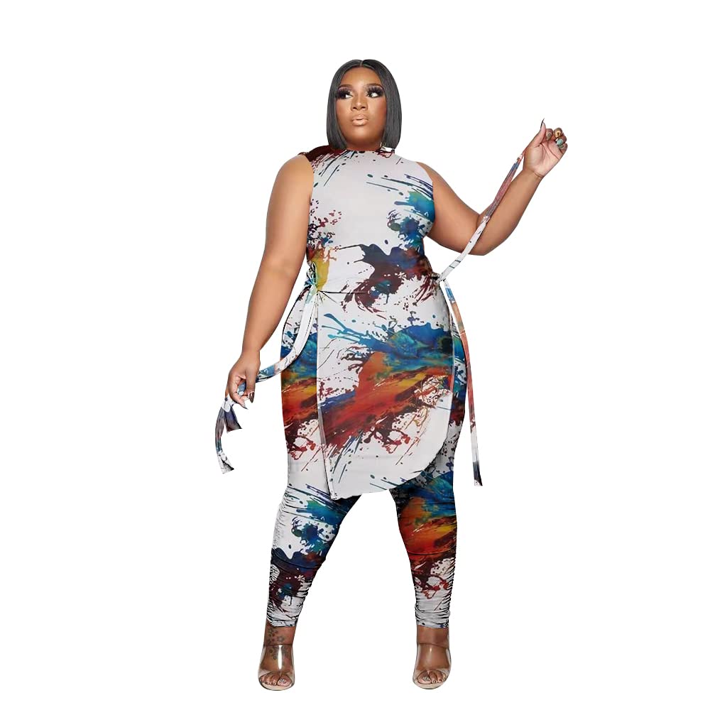 Dmoled Women Plus Size 2 Piece Outfits Jumpsuit Camouflage Print Sleeveless Slit Tunic Tops Pant Set