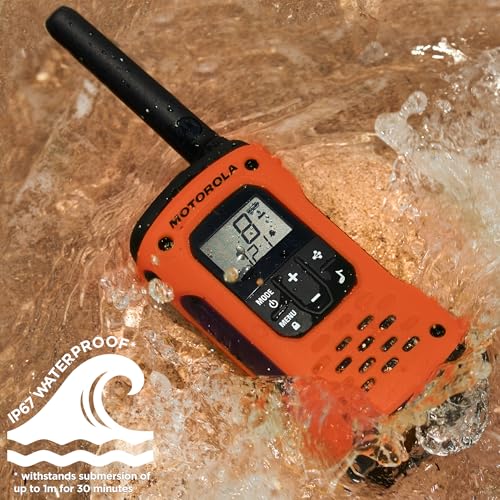 Image of Motorola Solutions, Portable FRS, T605 H2O, Talkabout, Two Way Radios Waterproof Walkie Talkie Emergency Preparedness, Rechargeable, 22 Channel, 35 Mile, Orange W /Black, 2 Pack