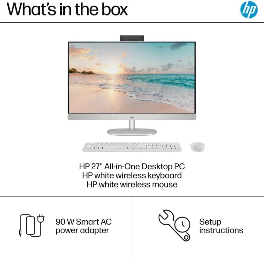 HP 27" FHD Touchscreen All-in-One Desktop Computer, Quad-Cores Ryzen 5 7520U, 16GB RAM 1TB SSD, Windows 11, Wireless Keyboard & Mouse, PLUSERA 8-in-1 Hub Included, White