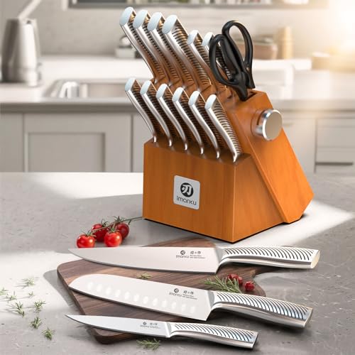 Image of imarku Knife Set, 14 Piece Premium Kitchen Knife Block Set, Razor Sharp Japanese Chef Knives Set for Kitchen with Built-in Sharpener, Dishwasher Safe & Quality Acacia Wood Block, Gift for Women