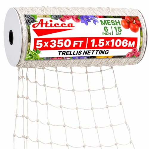 ATICCA Trellis Netting 5 x 350 ft Heavy Duty Polyester Plant Support Netting White - 6 Inch Garden Rope Trellis on Roll - Mesh Twine for Growing Vine Climbing Plants Flowers Peas and Tomatoes