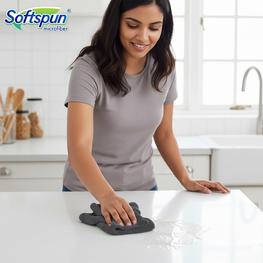 Image of SOFTSPUN Microfiber Cleaning Cloths, 5pcs 40x40cms 340GSM Grey! Highly Absorbent Lint and Streak Free Multi -Purpose Wash Cloth for Kitchen Window Stainless Steel Silverware.