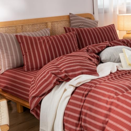 Image of BESTOUCH Striped Cotton Duvet Cover Set Linen Feel King | 100% Washed Cotton, Soft Wrinkle Texture, Hidden Zipper, 8 Ties, Breathable Lightweight Durable Comfy, 3 Pcs No Insert
