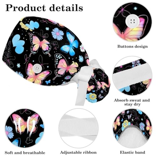 Image of Colored Butterflies Scrub Caps Women Ponytail, Adjustable Bouffant Surgical Caps with Button, Nurse Hats Long Hair