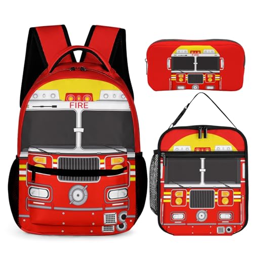 ZCJB-WSRY Mochila de caminhão de bombeiros com lancheira e estojo de lápis, 40,6 cm com tema de caminhão de bombeiros, ajustável, leve e grande capacidade, conjunto de mochila colorida para crianças