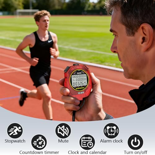 Image of Stopwatch Timer 10 Splits /Laps Digital Stop Watch for Sports, Countdown Alarm Clock Date Memory Recall Large Display, Stopwatch for Coaches PE-Teacher Referee (red, 10 Splits /laps)