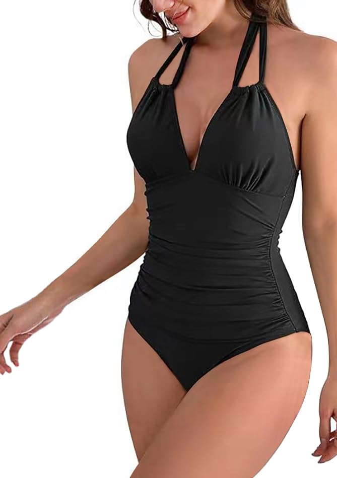 YiMai Traje de Baño de Una Pieza Mujer Control de Barriga Fruncido Bañador Halter Cuello en V Ropa de Bañador Mujer Playa Moda Bañador