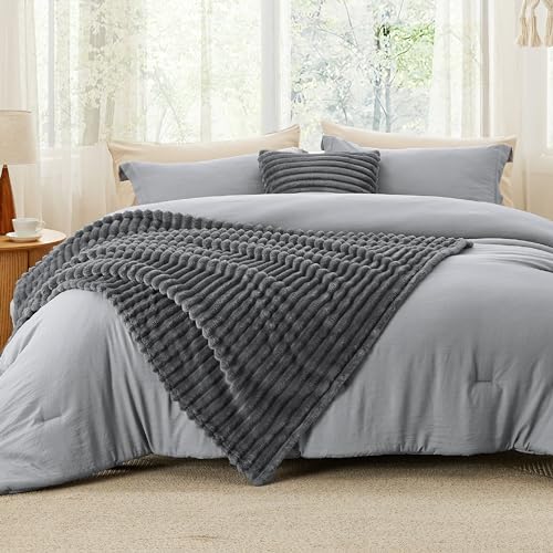 Image of Bedsure Full Comforter Set 5 Pieces - Bed in a Bag with Fleece Throw Blanket and Decorative Pillow, Lightweight Bedding Comforter Sets, All Season Bedding, Dark Grey