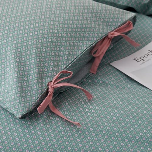 Image of LifeTB Vintage Green Floral Comforter Set King, 3 Pieces Aesthetic Pink Flowers Comforter with 2 Bowknot Pillowcases, Cottagecore Floral Bedding Set Farmhouse Botanical Comforter for All Seasons