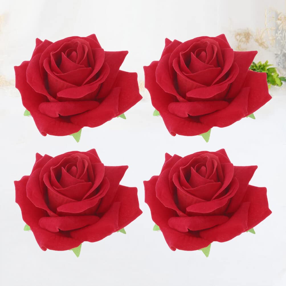 CALLARON 4Pcs Rose Hairpin Red Hair Clip 11x4cm Pins Fabric Floral Clips Floral Brooch Hair Accessories for Women(Red) - Image 2