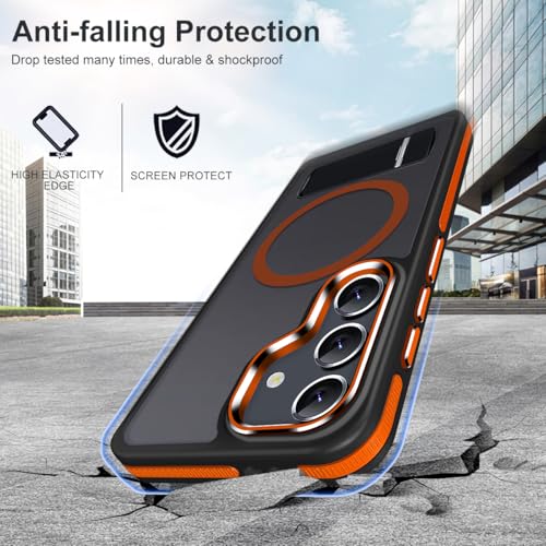 Image of MALEWOLF Stand Case for Samsung Galaxy S25+ Plus, Fits for Magsafe, Seamless Kickstand for Hybrid Color Translucent Matte Cover, Anti-Slip Magnetic Phone Case for Galaxy S25 Plus (Black /Orange)