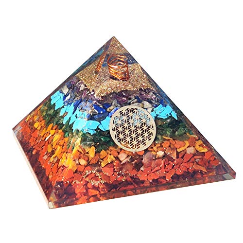 Real Crystal Seven Chakra Orgone Pyramid - 7 Chakra Orgonite Pyramid Energy Healing Crystals and Stones Emf Protection Pyramid Yoga Meditation Energy Generator Chakra Crystals - with Chakra Guide