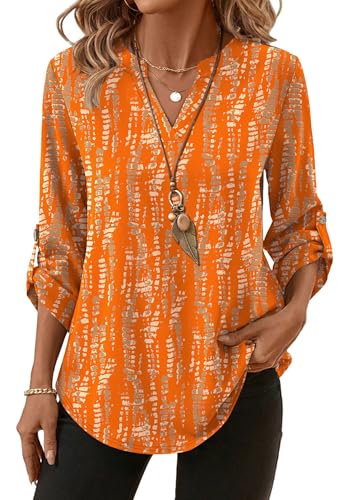 XIEERDUO 3/4 Length Sleeve Womens Tops Boho Summer Blouses for Women Dressy Casual V Neck Shirts Loose Fit Button Side Brown Geometry XL