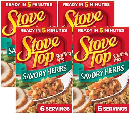 Stove Top Savory Herbs Stuffing Mix, Instant Side Dish for Chicken Pork and Holiday Meals, Savory Seasoned Bread Stuffing, Ready in 5 Minutes, 6 Ounce Box (Pack of 4)