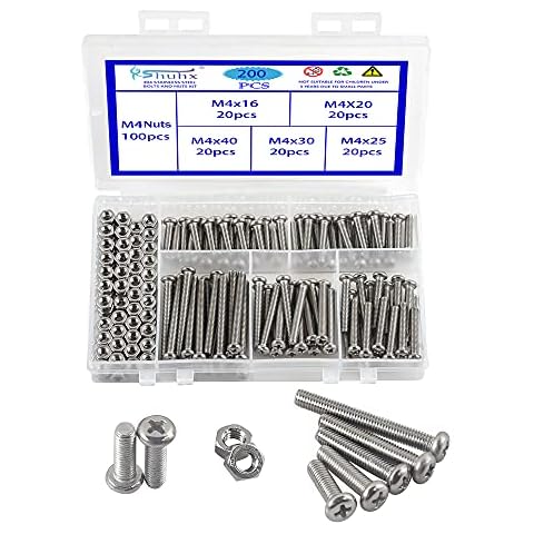 Rshuhx 200PCS M4 Bolts and Nuts Machine Screw and Nut 304 Stainless Steel Cross Pan Head Machine Round Head Screws Assortment Kit for Machine Furniture Toy Electronic Products Repair Fastener Cover
