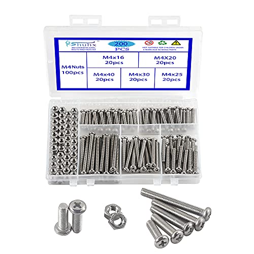 Rshuhx 200PCS M4 Bolts and Nuts Machine Screw and Nut 304 Stainless Steel Cross Pan Head Machine Round Head Screws Assortment Kit for Machine Furniture Toy Electronic Products Repair Fastener