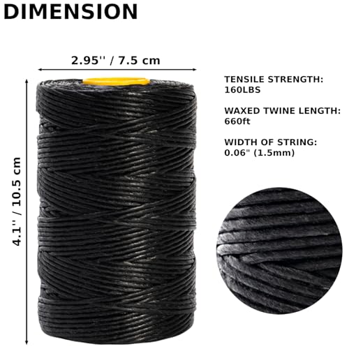 9-Ply Black String Waxed Twine, 660 Feet per Roll Heavy Duty Twine String, Black Cable Tie Down Wax Lacing Cord for Indoor or Outdoor Use,Thick Black Twine Wax String with 160 LBS Tensile Strength (1)