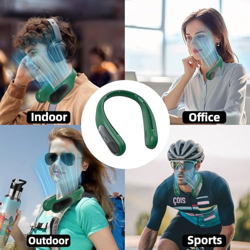 Image of Portable Neck Fan, Personal Wearable Bladeless Fan for Outdoor Indoor, LED Display, 360 Cooling, 4-Speeds, 6000mAh USB Rechargeable, Birthday Gifts for Men Women Dad Mom (Dark green)