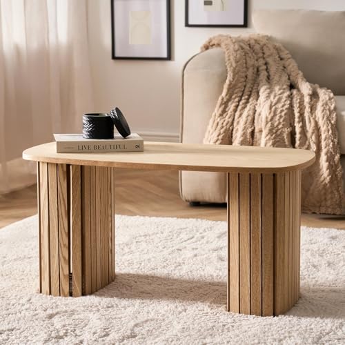 OHS Coffee Tables for Living Room Wooden Centre Table Madison Ribbed Wood Frame Decorative Small Coffee Table for Home Offices Natural Wood - 85 x 40 x 41cm