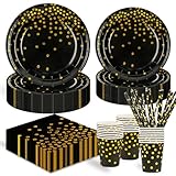 HFBOBP 125 Stück Schwarzesgold Kindergeburtstag Party Deko Zubehör Set, Papier Geschirrset einschließlich Pappteller Tasse Strohhalm und Servietten für Hochzeiten Deko Jubiläums