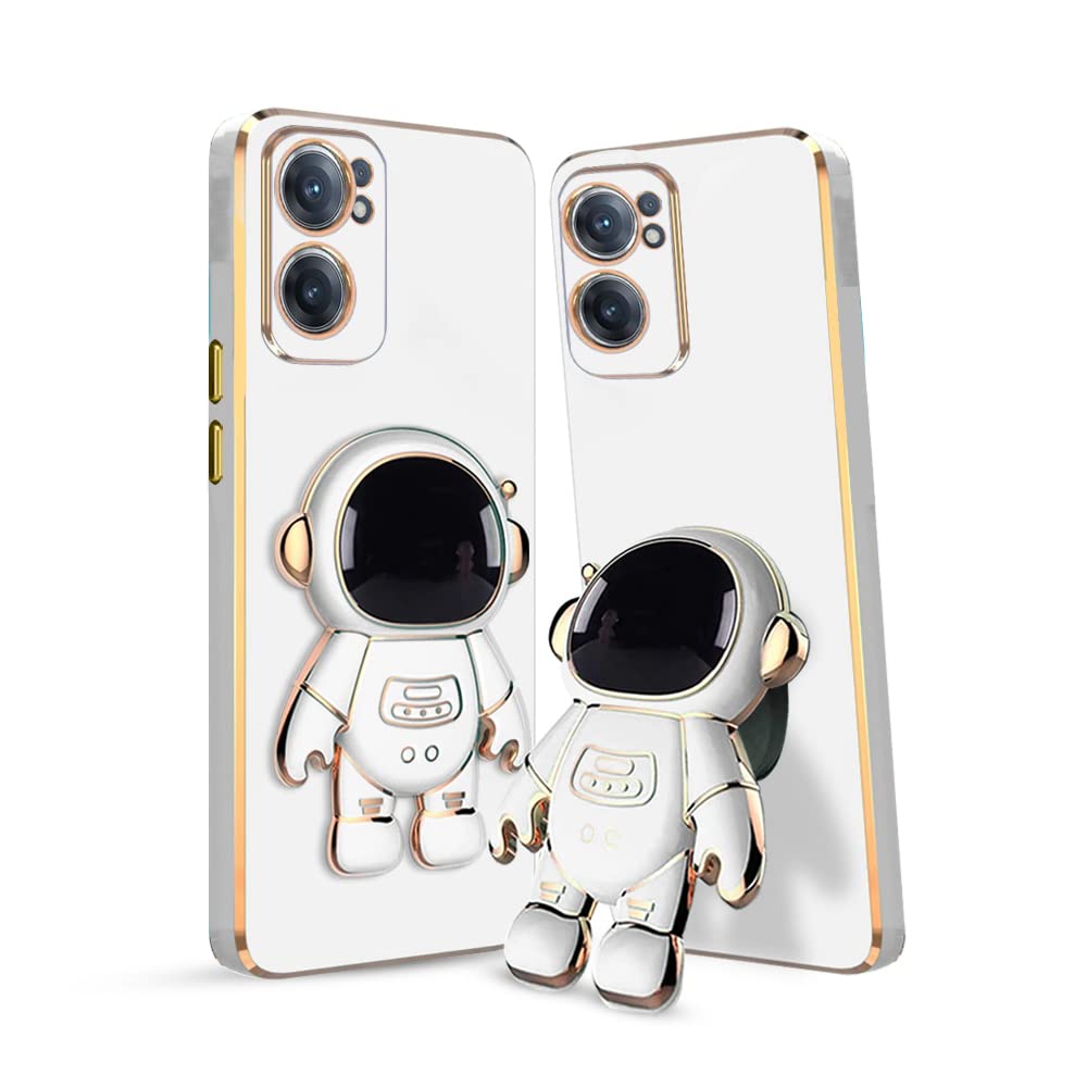 KARWAN®️ 3D Astronaut with Folding Stand Back Cover Case Compatible for OnePlus Nord CE 2 5G | Slim electroplated case | Stand case | Soft TPU | Space Astro Theme | Camera Protection-White.