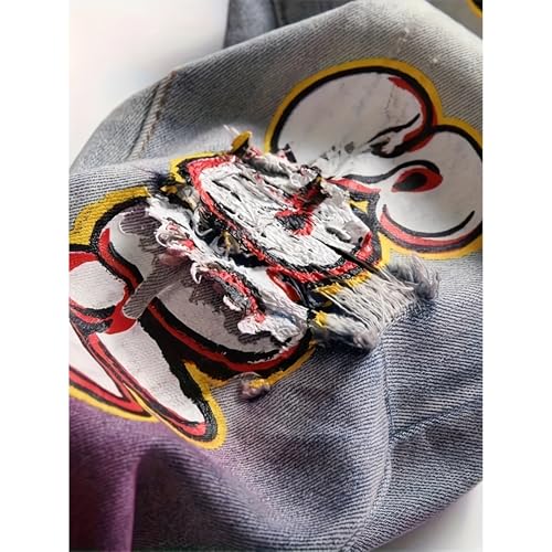 Men's Washed Printed Ripped Denim Jeans2