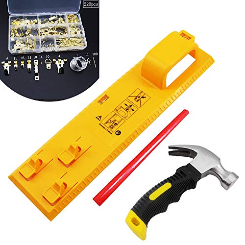 Picture Hanging Tool Kit 220 Piece Assortment with Stubby Hammer and Level Tool with Pencil Picture Hangers, Wire, Hooks, Nails, Hanger Level | Use for Home or Office Frames
