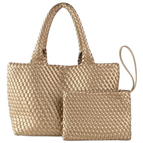 Image of Woven Tote Bag for Women Vegan Leather Handwoven Bags with Small Purse