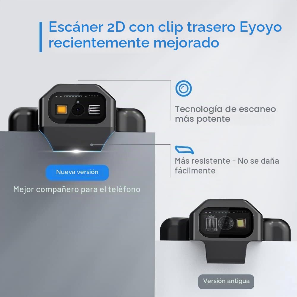 Eyoyo Escáner de Código de Barras Bluetooth, 1D Lector de Código de Barras 2D QR Inalámbrico con Manual de Castellano y Clip Trasero para Móvil, Android, iOS, Biblioteca, Almacén y Supermercado