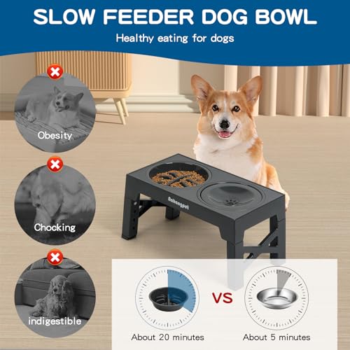 2-in-1 Elevated Slow Feeder Dog Bowls for Food and Water, 5 Heights Adjustable Raised Dog Bowls, Non-Slip, No Spill, for Small Medium Large Dogs and Cats(Grey) - Image 4