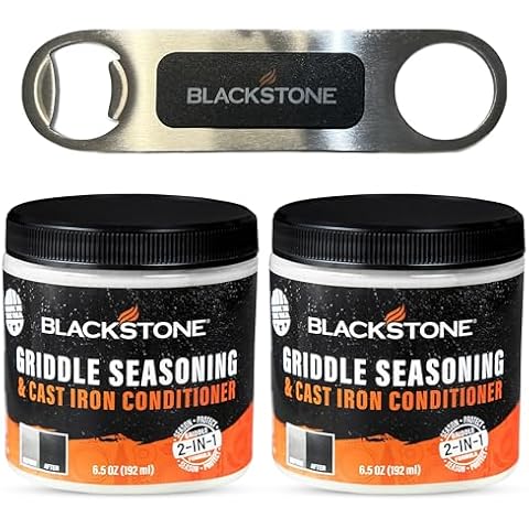Blackstone 2-IN-1 Griddle & Cast Iron Seasoning Conditioner 6.5 OZ– Effective Seasoning Rub Formula – Food Safe – Easy to Use Cleaner & Conditioner – with Blackstone Beer Opener (2) Cover