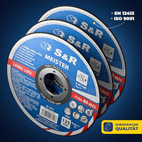 S&R Profi-Trennscheibe 125mm – Dünne 1mm Flexscheibe für Winkelschleifer, Metall-Trenner und -Schneider mit Aluminiumoxid, Glasfaserarmierung und Harzbindung – Ideal für Karosserie- und Behälterbau