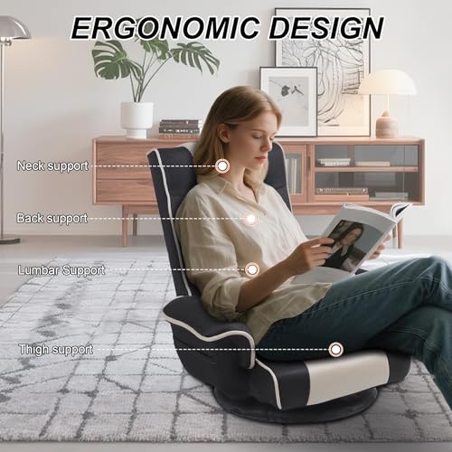 Image of Swivel Floor Chairs for Adults, Floor Gaming Chair with Extra Wide Arms, Back Support 14 Angles Adjustable Comfortable Double Mesh Fabric Lazy Sofa for Video Game Chairs 201 (Grey + Beige)