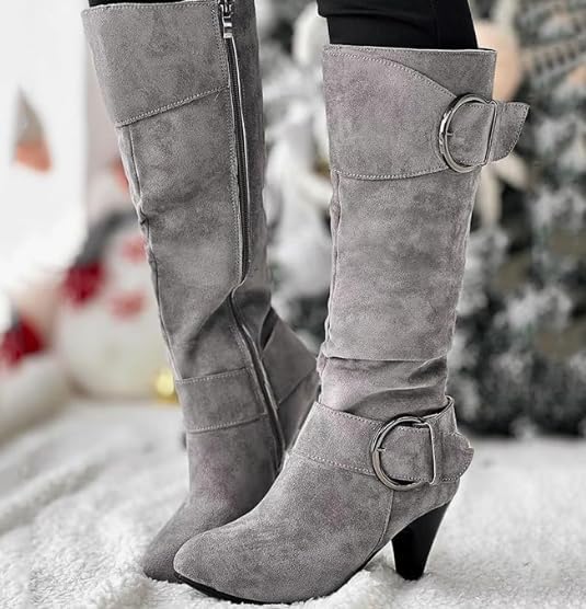 Women's Knee High Low Hidden Wedge Boots Suede Faux Fur Lining Side Zipper Knee High Buckle Boots