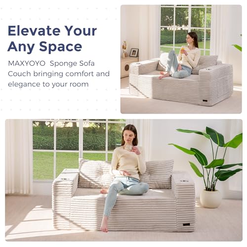 Image of MAXYOYO 63 inch Boneless Loveseat Sofa Couch for Small Spaces, Mini Love Seat Floor Couch with Cup Holders and Pillows, 2-Seater Upholstered Cloud Couch for Bedroom Apartment, No Assembly Required