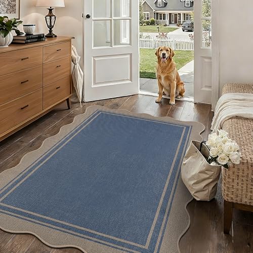 Image of Easy Jute 3x5 Outdoor Rug Washable Non Slip Rug for Entryway Indoor Outdoor Farmhouse Neutral Scalloped Carpet for Backyard Patio Proch Living Room