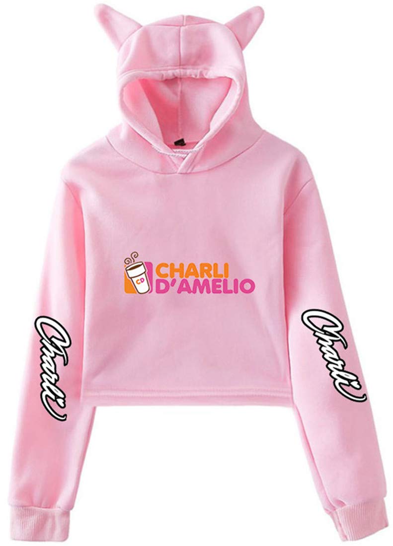 Girls 2D Charli D'Amelio Crop Top Hoodies Long Sleeve Cute Cat Ear Pullover Sweatshirts for Teens