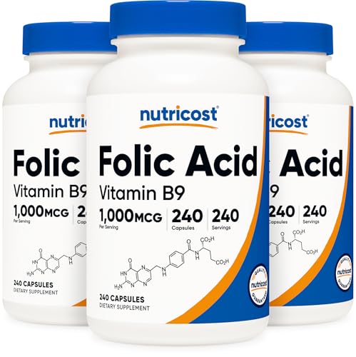Image of Nutricost Folic Acid (Vitamin B9) 1000 mcg, 240 Capsules (3 Bottles)