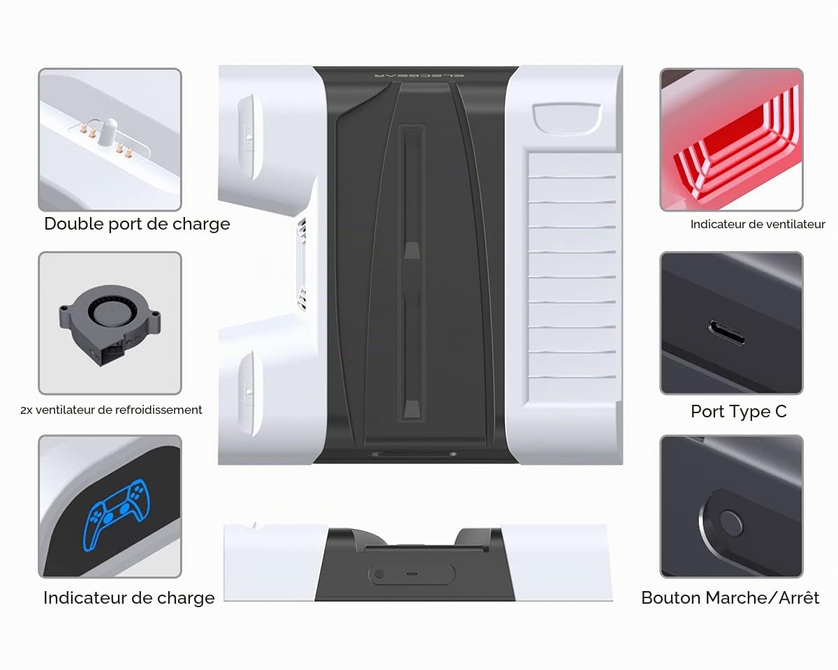 ElecGear PS5 Support Vertical, Ventilateur de Refroidissement, Dual Chargeur Station de Charge Contrôleur, Jeux Stockage Stand pour Manette DualSense, PlayStation 5 Media Remote et Support de Casque